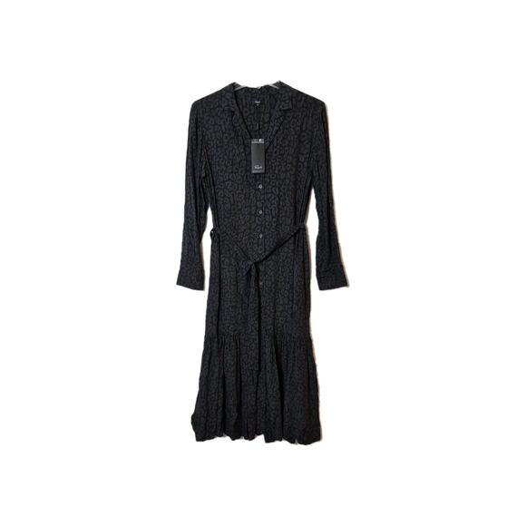 NEW RAILS Beatrice Charcoal Cheetah Dress Medium Midi Satin Belted Long Sleeve - Picture 2 of 11